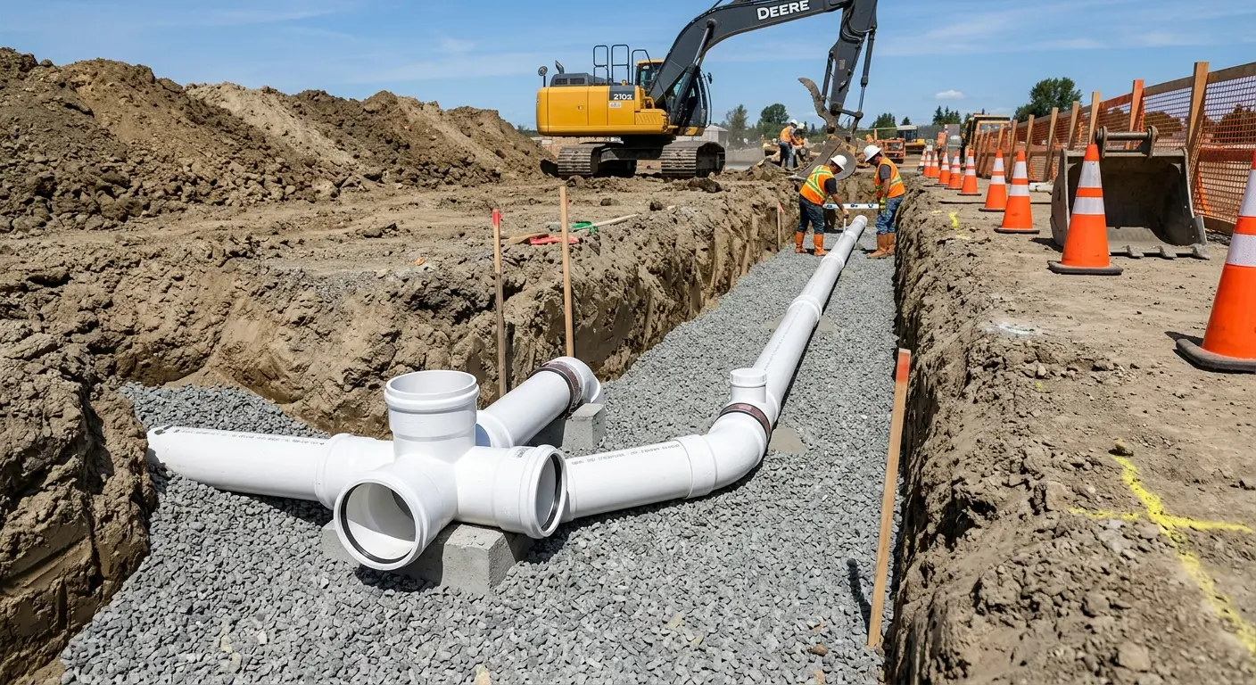 New PVC sewer pipe installation in open trench for Grease Trap Cleaning in Baker City
