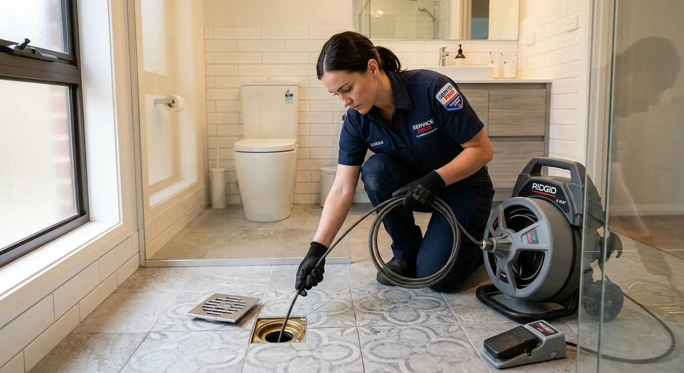 Technician clearing a bathroom floor drain for Sewer Line Installation in Baker City